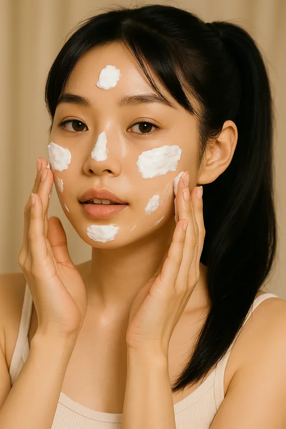 Mujer coreana aplicando crema sobre su rostro